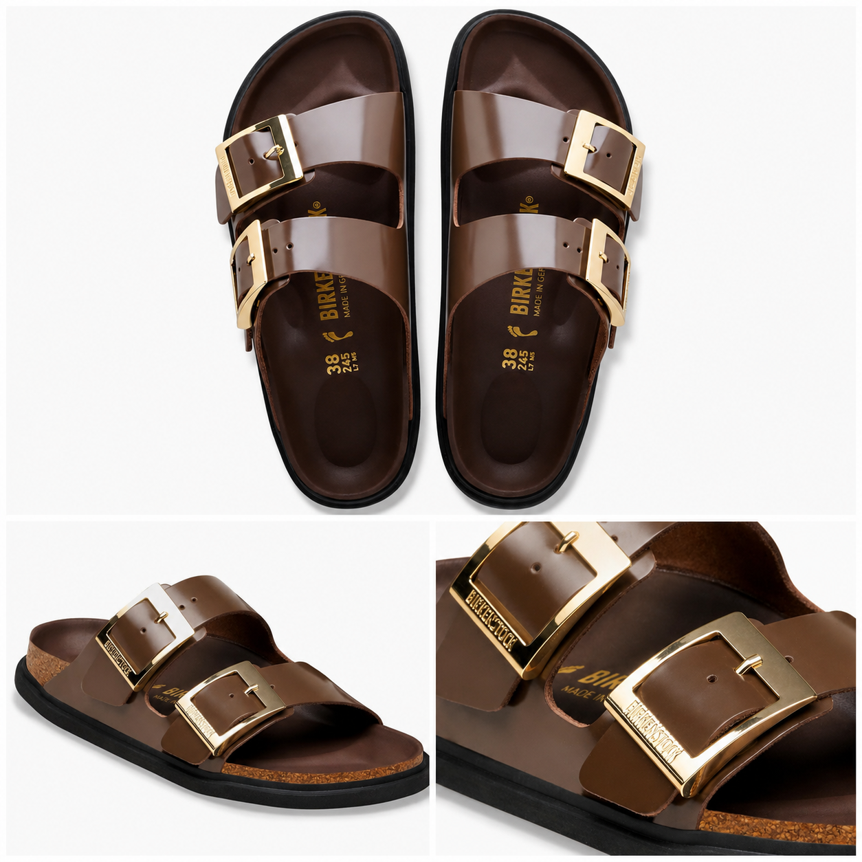 Brown double-strap sandals featuring adjustable gold-tone buckles and a contoured footbed for everyday comfort and style.
