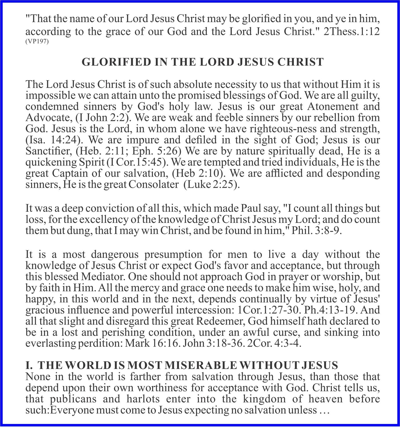 A scanned page of text from a religious book or document, featuring a quote from 2 Thessalonians and biblical references. The text discusses the Glorification of the Lord Jesus Christ and the world's misery without him. It includes verses and citations from various books of the Bible such as John, Isaiah, Ephesians, Luke, Philippians, Mark, and Corinthians. The page also contains a reference code (VP197).