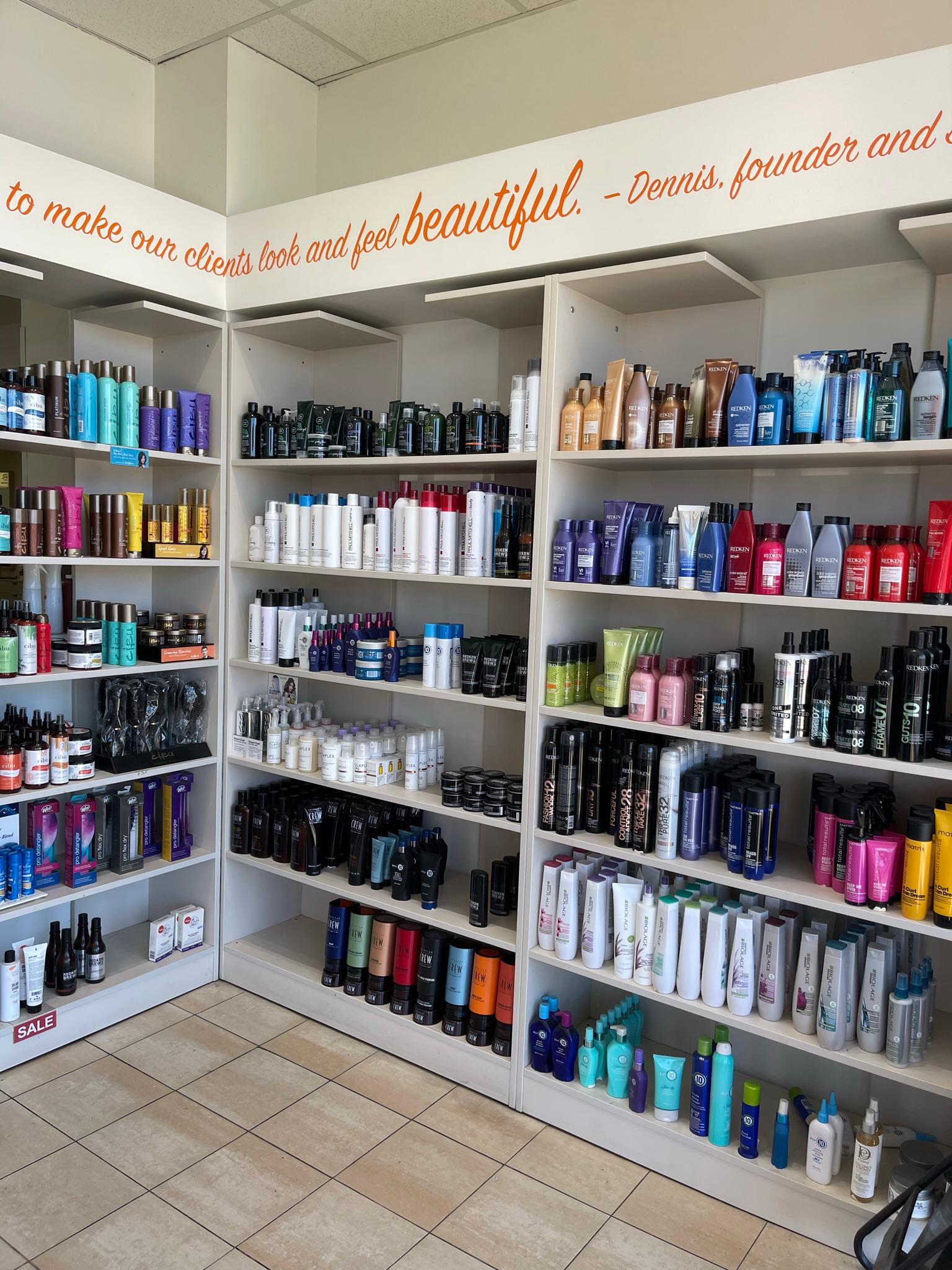 The shelves with products available for purchase at a Hair Cuttery Salon.
