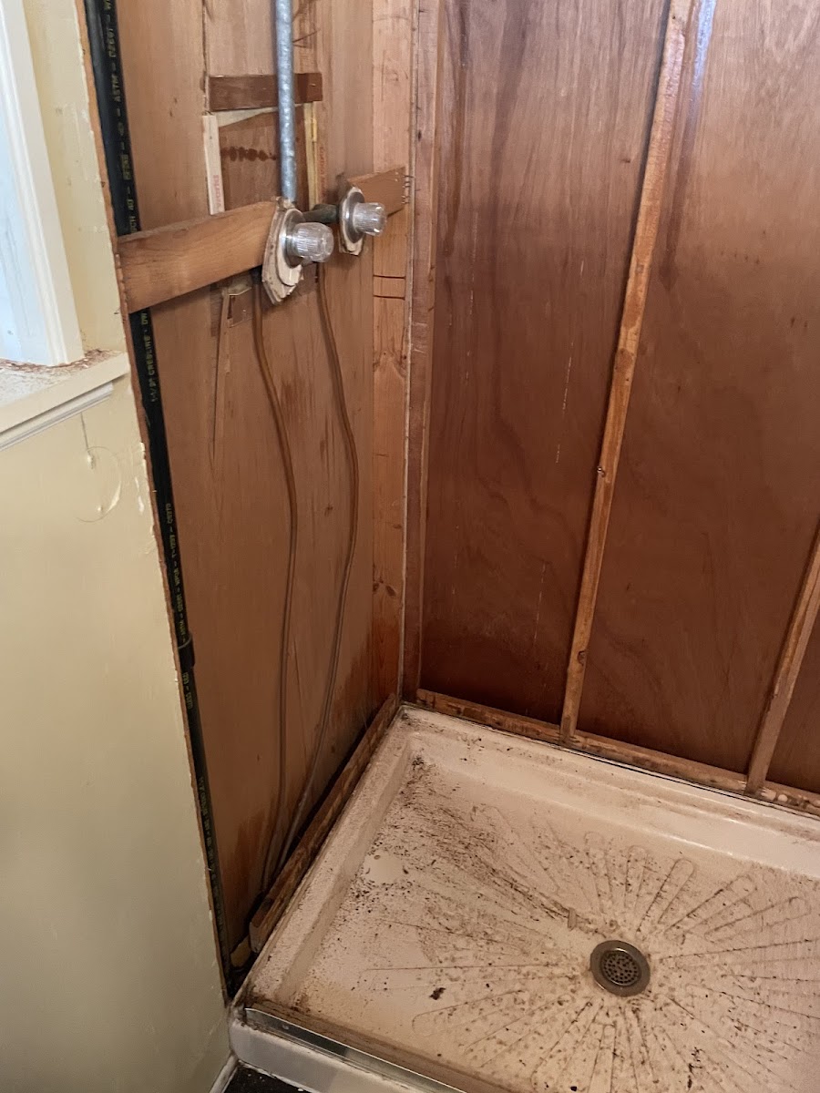 Shower plumbing repair in progress with exposed wall access, copper piping, and shower valve connections visible.