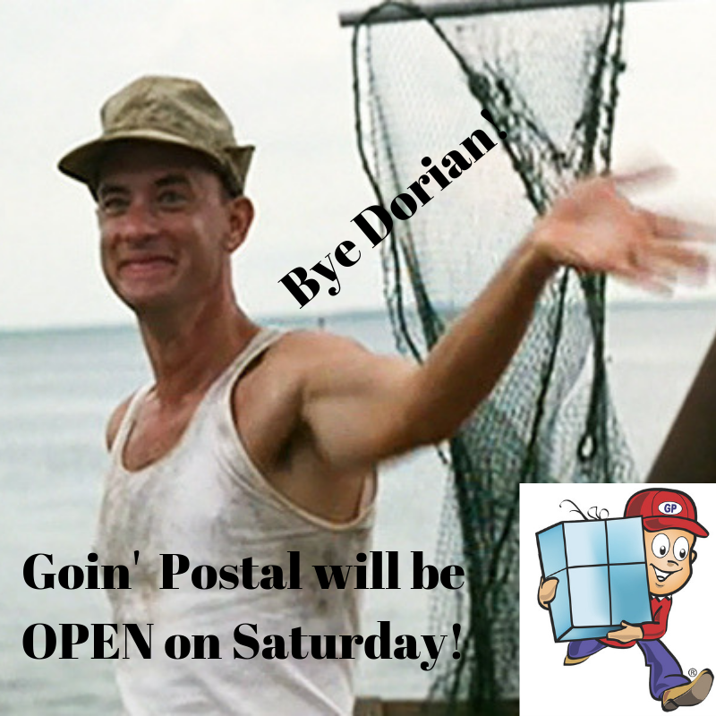 We hope y'all fared well during Dorian and we wish her all the best for the future. Goin’ Postal will be OPEN on Saturday the 7th.