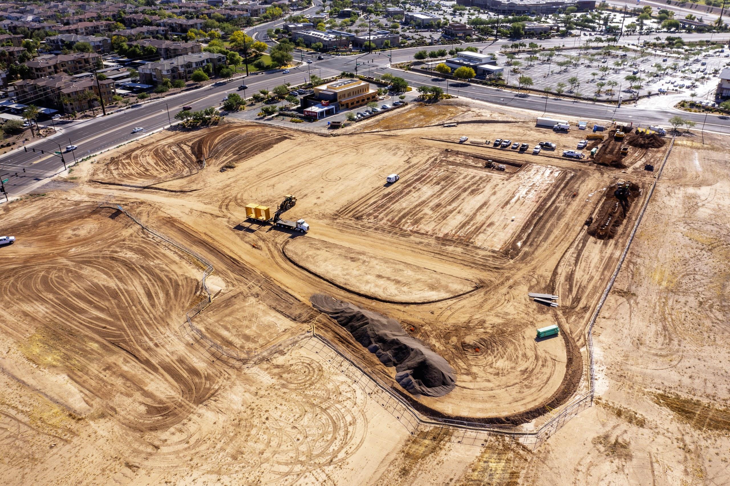 Construction progress aerial of the ALDI site in Gilbert, Arizona, shot by Jack & Bean. 
