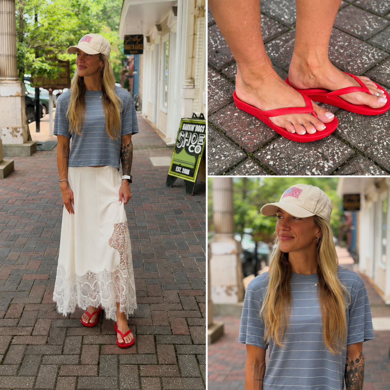 Women's summer fashion featuring a lightweight striped top, flowing lace skirt, and vibrant red flip-flops. This lifestyle collage highlights comfortable warm-weather apparel and casual footwear designed for everyday style and versatility.