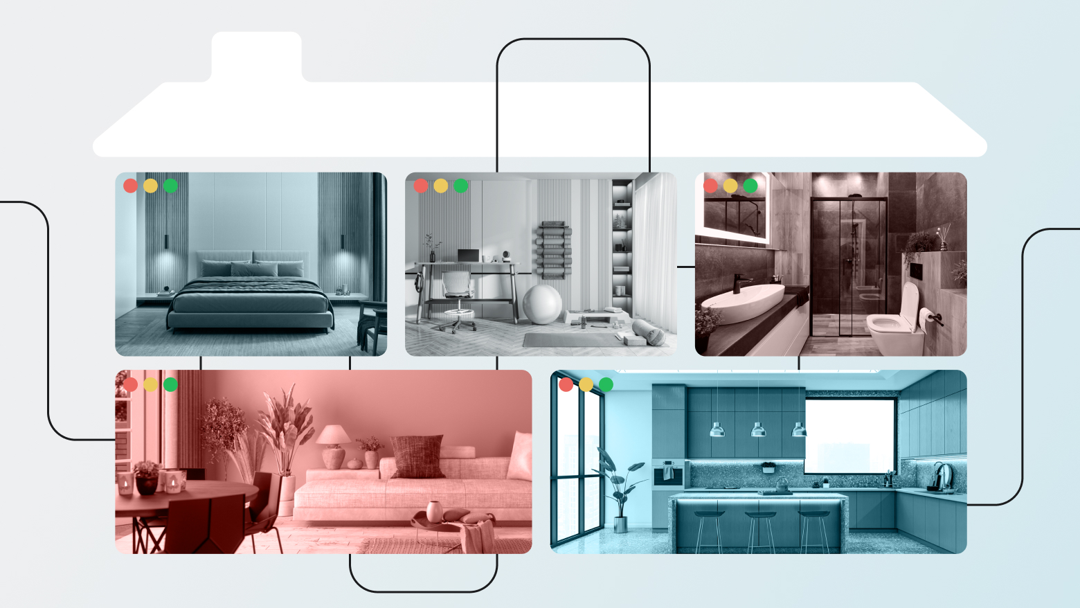 Illustration of modular website templates represented by rooms in a house—bedroom, office, bathroom, living room, and kitchen—emphasizing flexible, on-brand design across site sections.