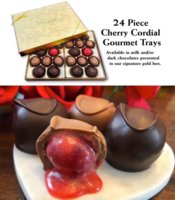 A gourmet chocolate display featuring Florence's Exquisite Chocolates in Rexburg, ID. The image showcases a 24-piece Cherry Cordial Gourmet Tray, available in both milk and dark chocolates, presented in a signature gold box. The chocolates are arranged neatly in two trays, with a mix of milk and dark chocolate pieces, some topped with a cherry. The lower part of the image provides a close-up view of the chocolates, highlighting the rich, glossy exterior and the luscious cherry filling inside one of the chocolates. This elegant presentation emphasizes the luxurious and indulgent nature of Florence's chocolates, making them an ideal gift or treat.