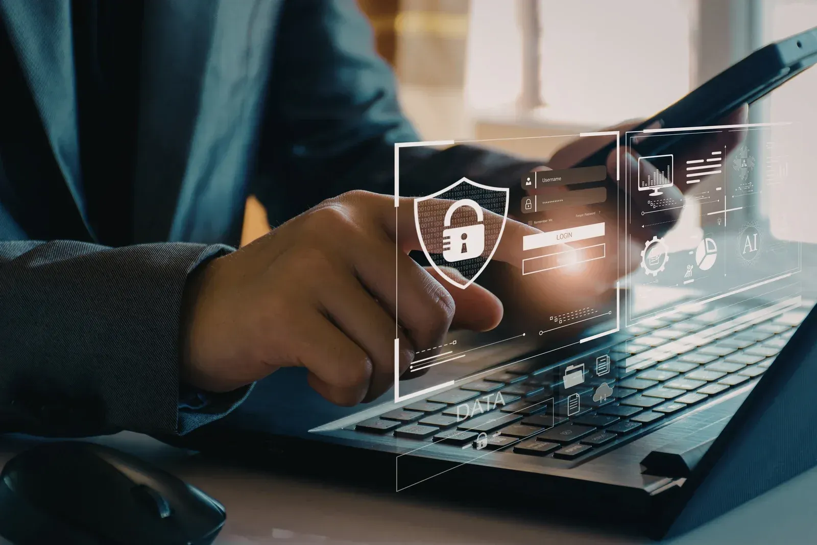 Business professional using laptop with digital security interface overlay, symbolizing secure data handling, encrypted transactions, online document processing, and cybersecurity measures involved in modern closing and legal services.
