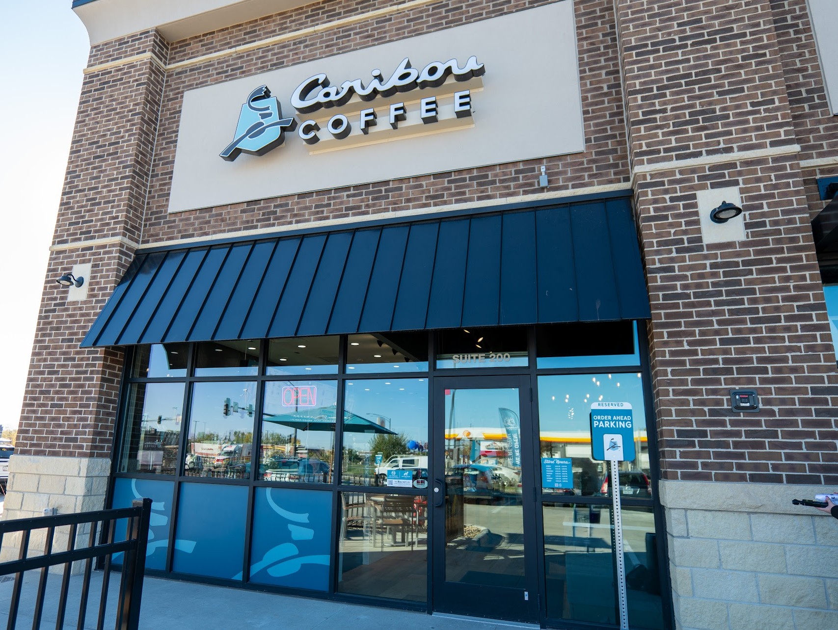 Storefront of the Caribou Coffee at 655 West Penn Street in North Liberty