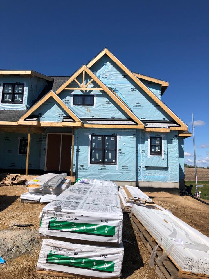 Ready to put up siding! James Hardie Boothbay Blue with Arctic White trims.
