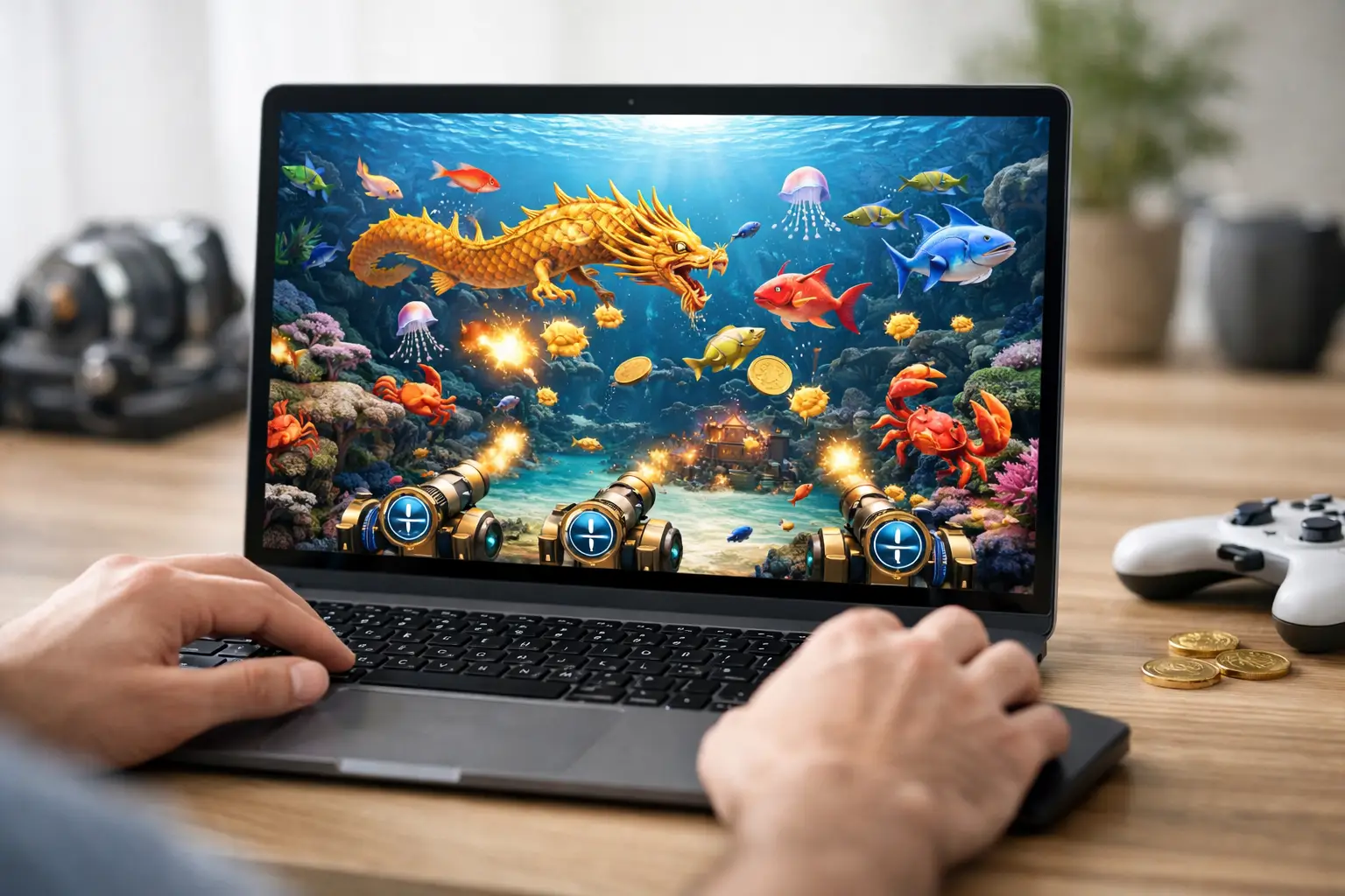 A person's hands are visible as they use a laptop, which displays a vibrant underwater scene from a video game. The game features a golden dragon, various fish, jellyfish, crabs, cannons firing, and scattered gold coins, set against a backdrop of coral reefs and a submerged building. A white video game controller and gold coins lie on the wooden desk next to the laptop.