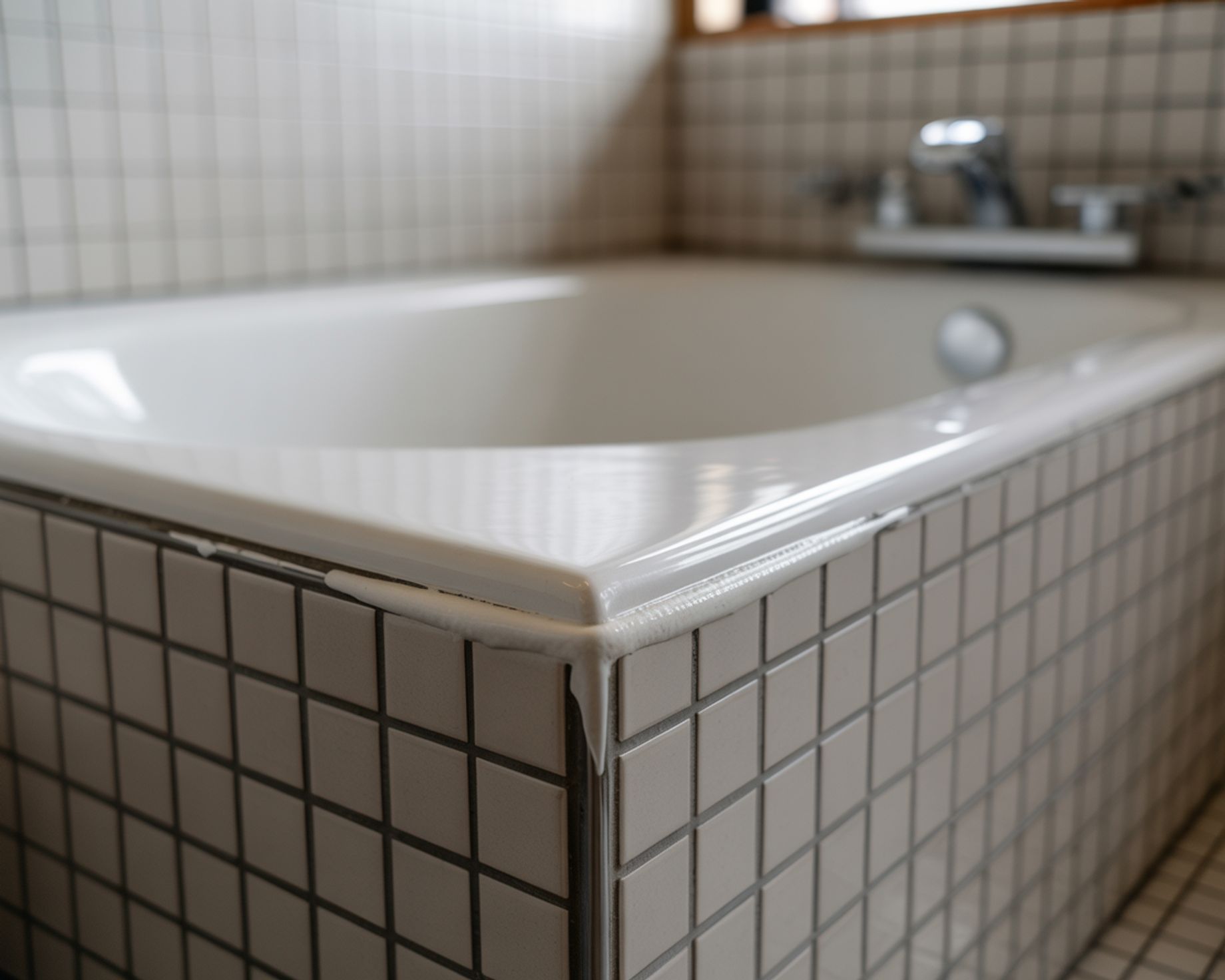 A close-up, detailed view of a white bathtub with a tiled surround. The bathtub's edge, which appear 