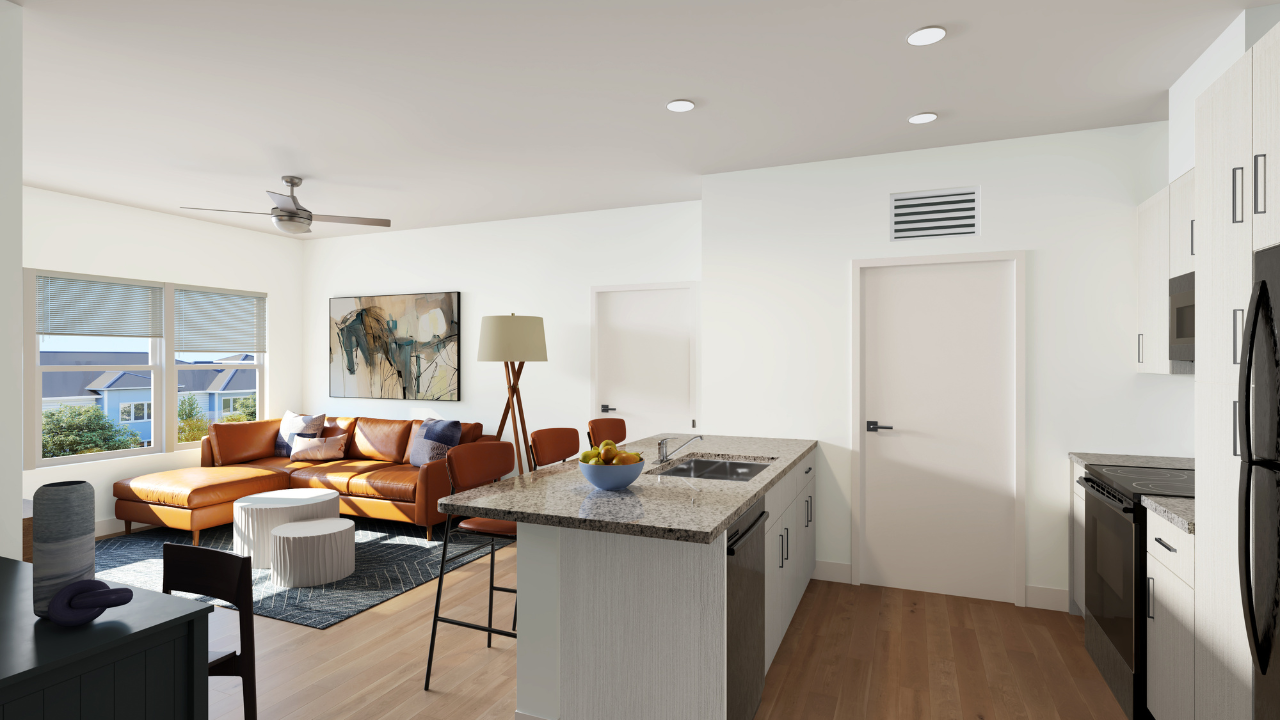 Interior rendering of kitchen and living room at Cyrus Apartments 