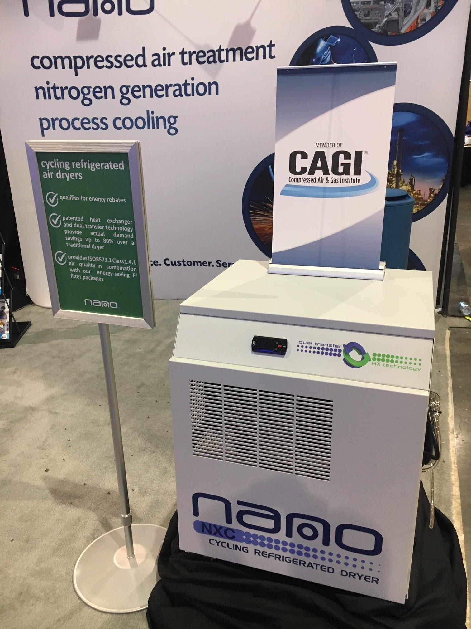 Exhibition booth for nano for compressed air treatment, nitrogen generation & process cooling showcasing a cycling refrigerated dryer on the booth