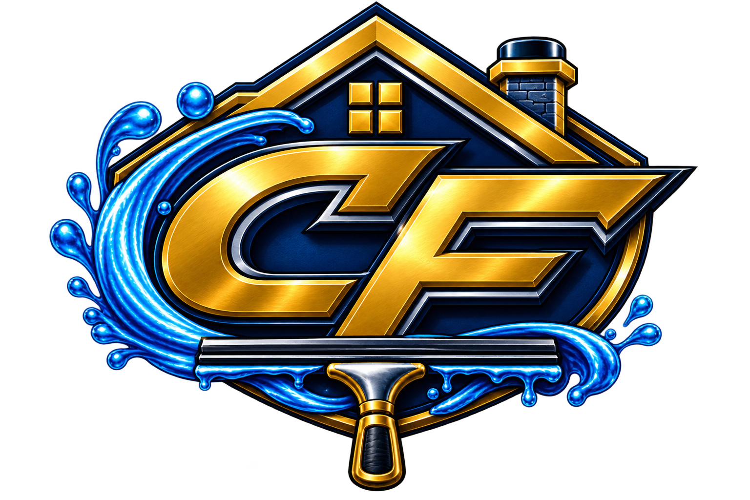 Clayfield Exterior CF monogram logo featuring a blue, gold, and black house-inspired design representing professional exterior cleaning and property care services in Racine, Wisconsin.