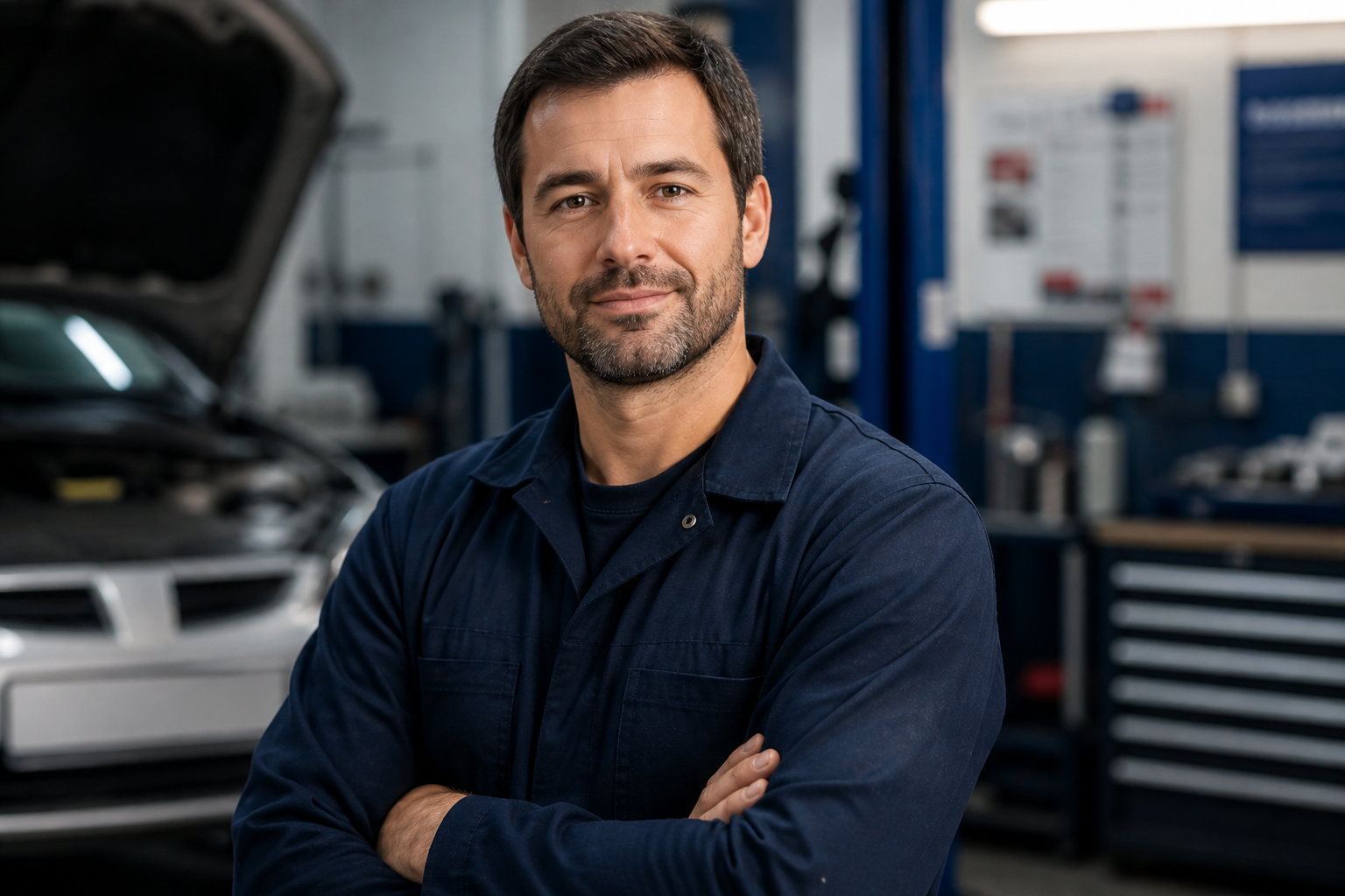 Experienced automotive technician standing confidently inside a professional repair facility. Skilled service, technical expertise, and commitment to quality workmanship help ensure dependable vehicle maintenance and repair.
