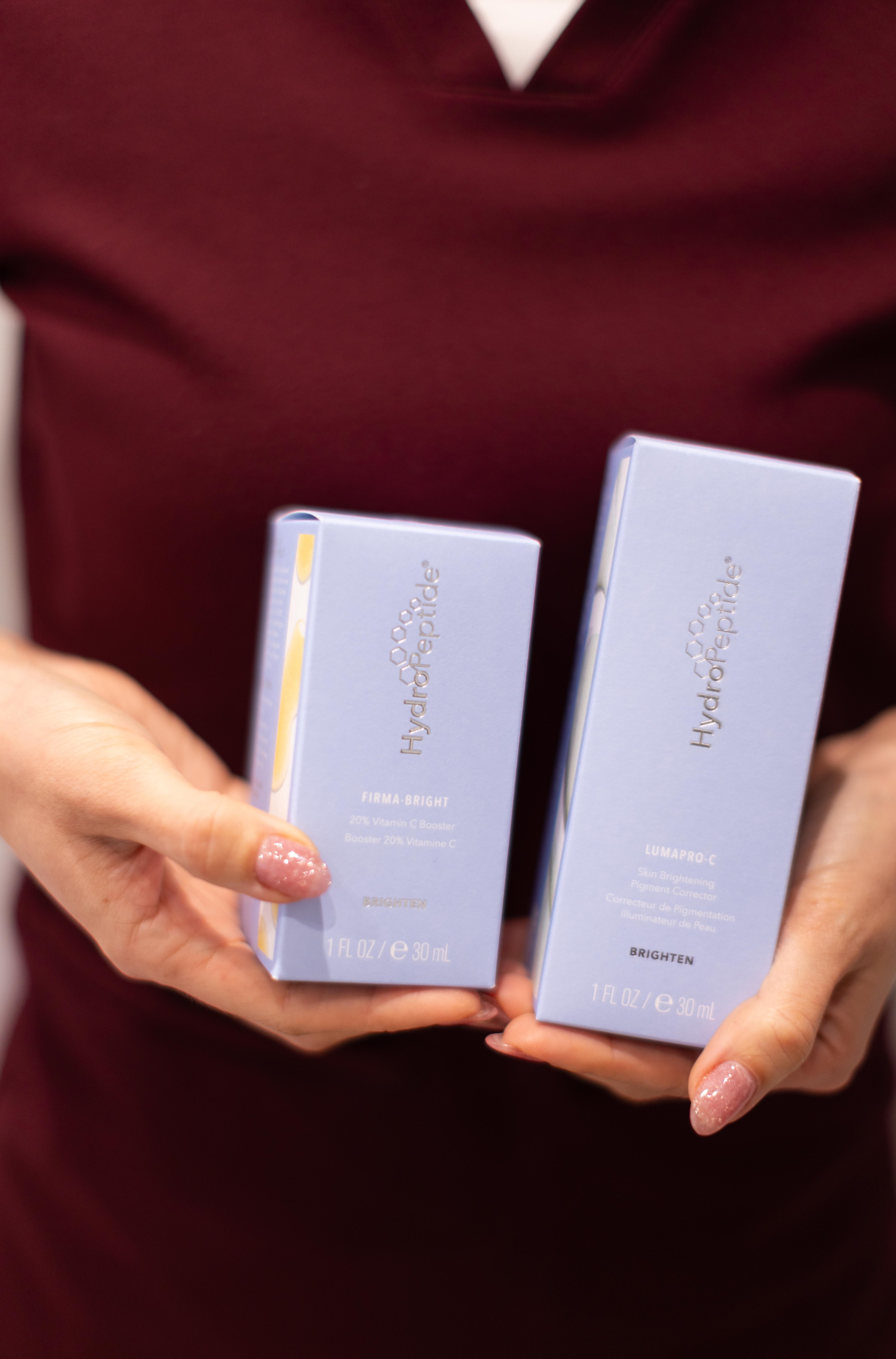 HydroPeptide Firma-Bright 20% Vitamin C Booster and LumaPro-C skin brightening pigment corrector, pa 