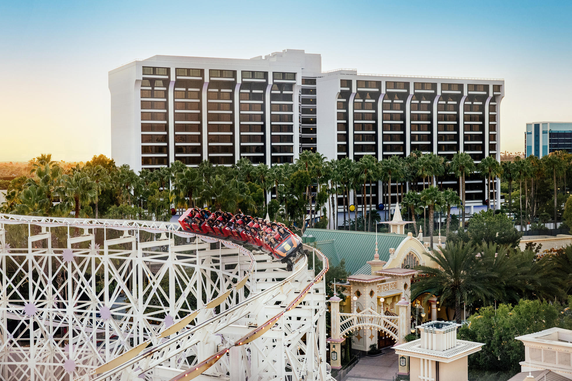 Pixar Place Hotel at Disneyland Resort from within Disney's California Adventure Park including Incredicoaster