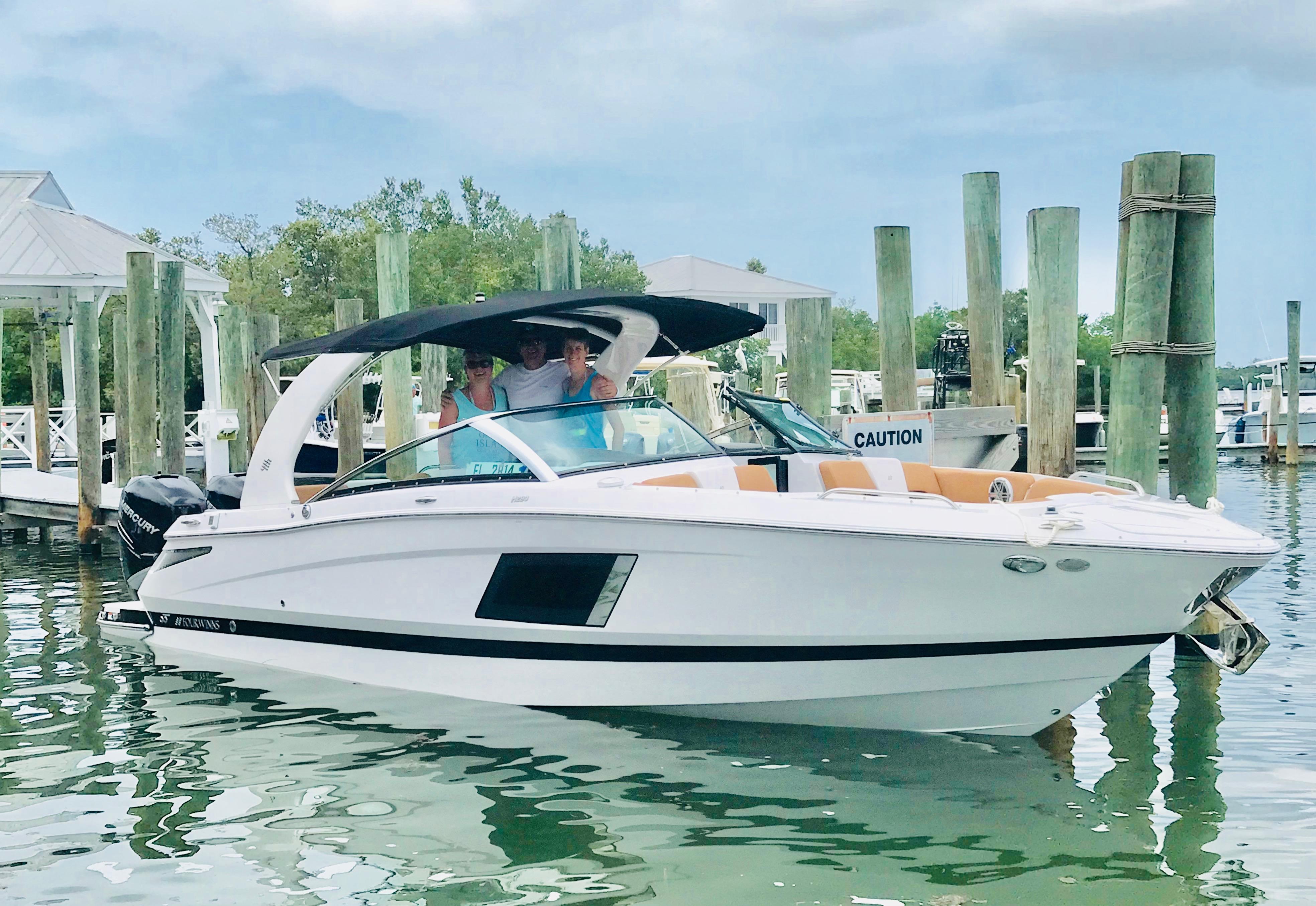 The Four Winns H290OB - with a pair of 300 Mercury Outboards is a great performer.  Topping out at around 58 mph, she cruises nicely around 35 to 40 mph.  And with the Joy Stick docking and autopilot - cruising and docking become much simpler.