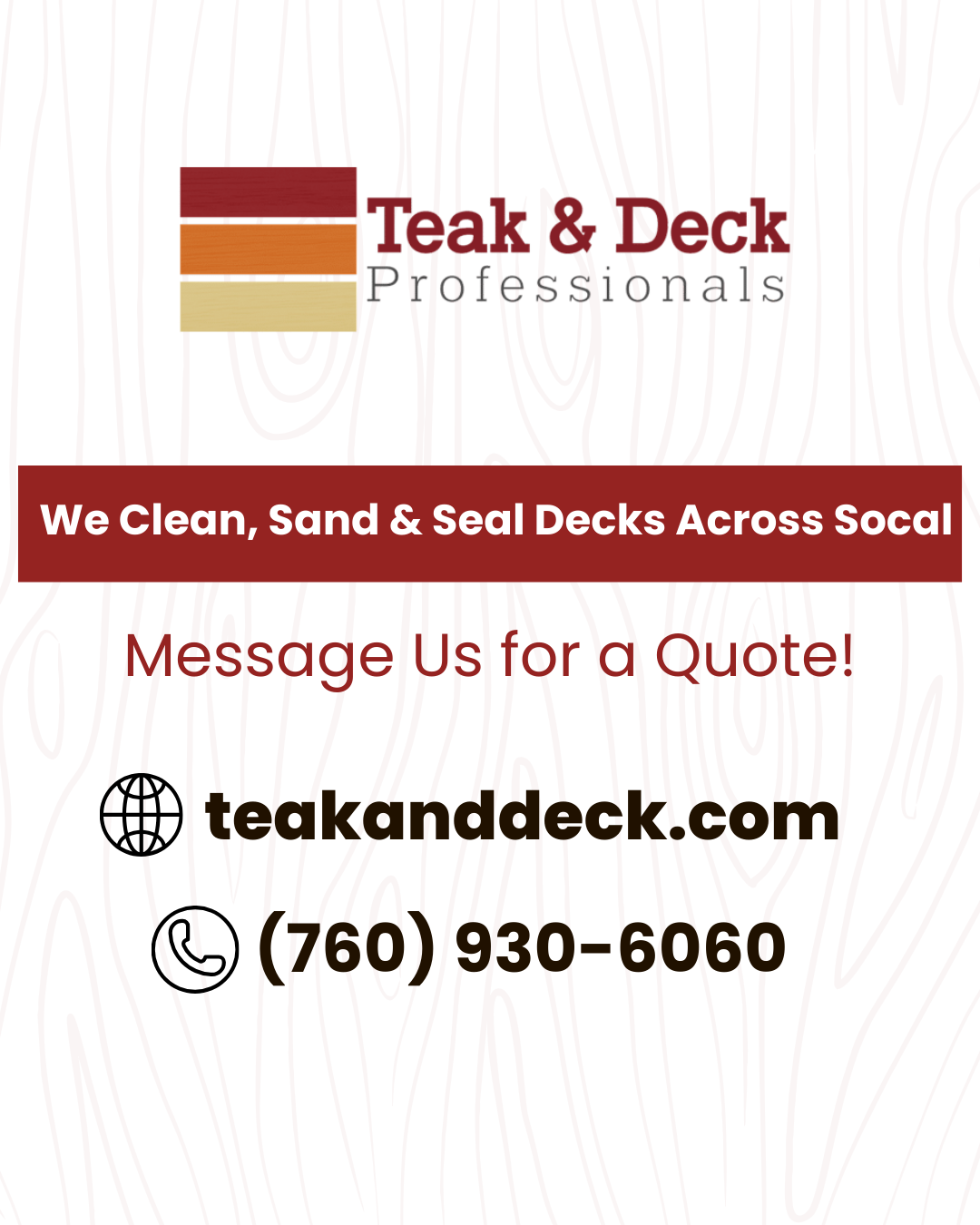 Teak & Deck Professionals' service graphic promotes expert cleaning, sanding, and sealing for wood surfaces such as decks, fences, and outdoor furniture.