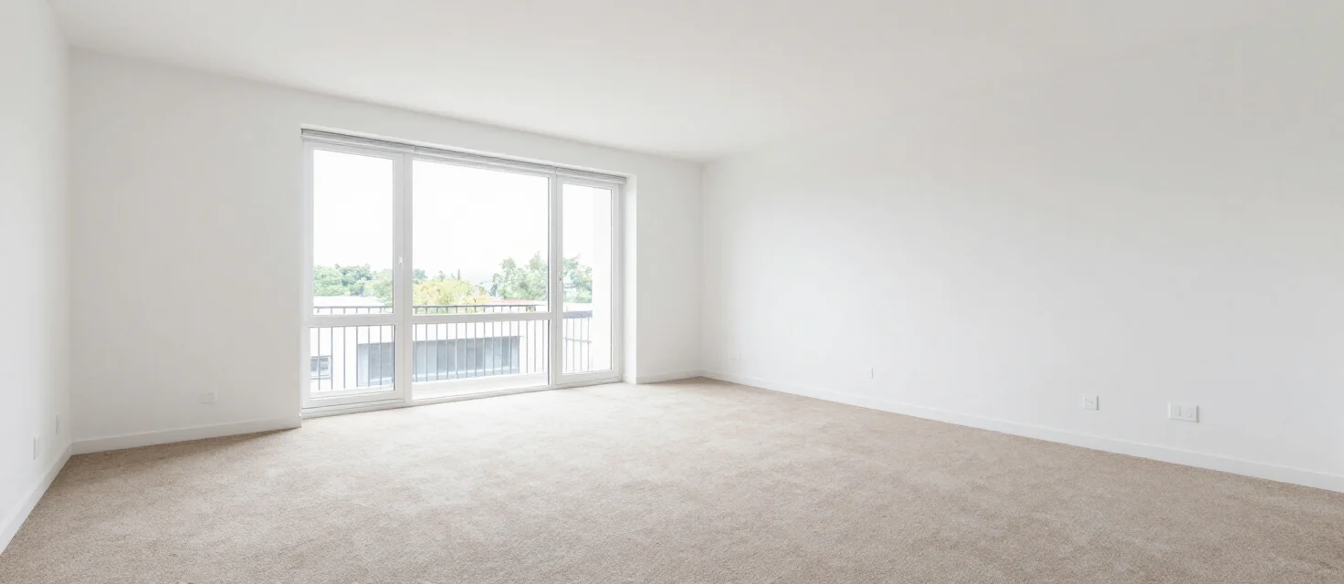 A bright, empty living room with plush beige carpeting and large, floor-to-ceiling windows offering a view of trees and a modern building facade. The walls are painted a clean white, and the room appears ready for occupancy.