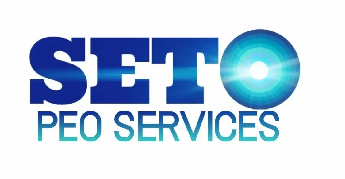 The logo for SETO PEO SERVICES features the word "SETO" in large, bold, blue sans-serif letters, with a gradient effect and horizontal light streaks. To the right of "SETO" is a circular graphic made of concentric blue and teal rings, emanating light from the center. Below "SETO" are the words "PEO SERVICES" in smaller, teal sans-serif letters with a similar gradient.