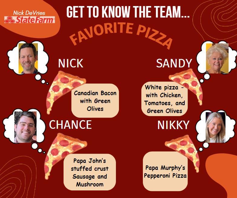 Get to know the Nick DeVries State Farm Agency Team - part one: Pizza edition!

Here’s our go-to piz Nick DeVries - State Farm Insurance Agent Eagan (651)454-2374