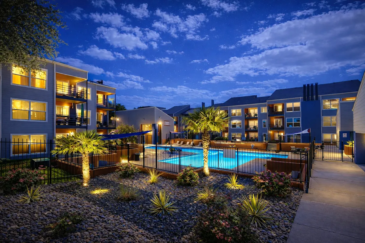 exterior view at night of Infinity on the Landing