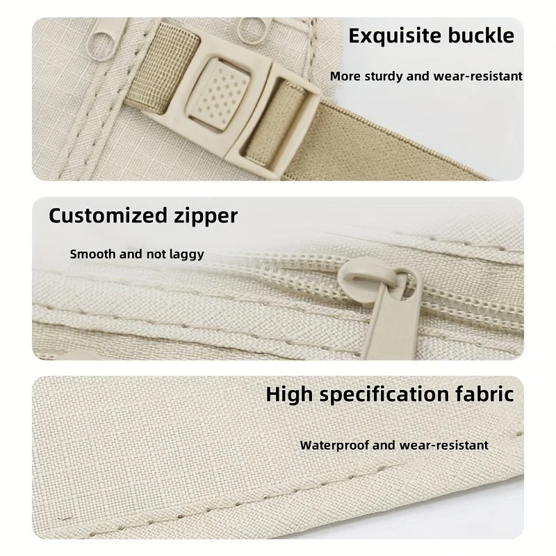 This image is a graphic design showcasing product features. It is divided into three sections, each highlighting a specific component. The top section features an "Exquisite buckle" with text stating "More sturdy and wear-resistant." The middle section displays a "Customized zipper" with the description "Smooth and not laggy." The bottom section focuses on "High specification fabric," described as "Waterproof and wear-resistant."