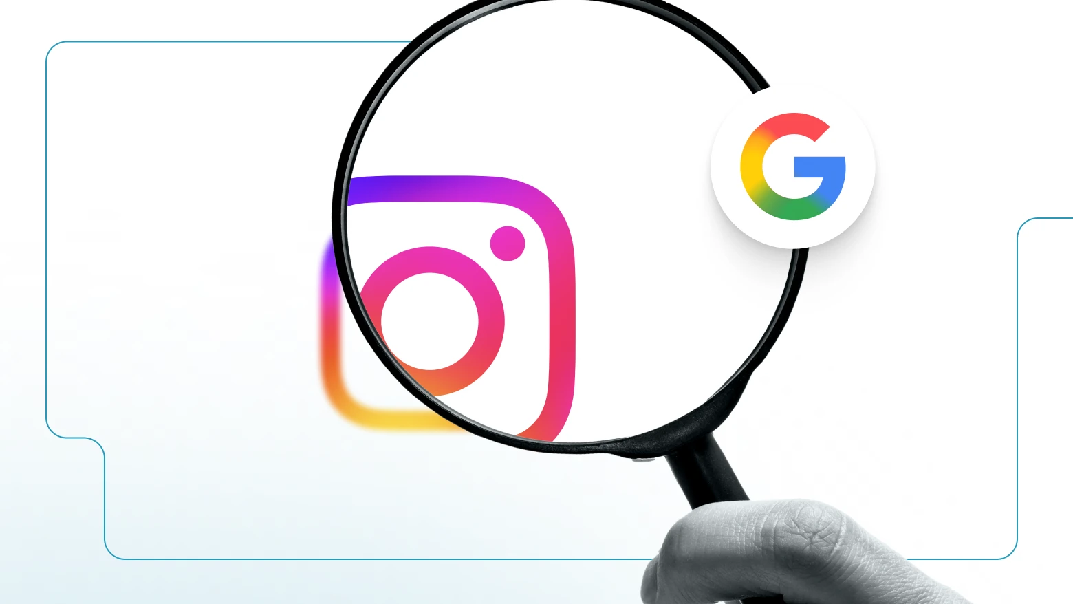 Magnifying glass held over an Instagram logo, with a Google logo overlaying the lens, symbolizing search or investigation of Instagram by Google