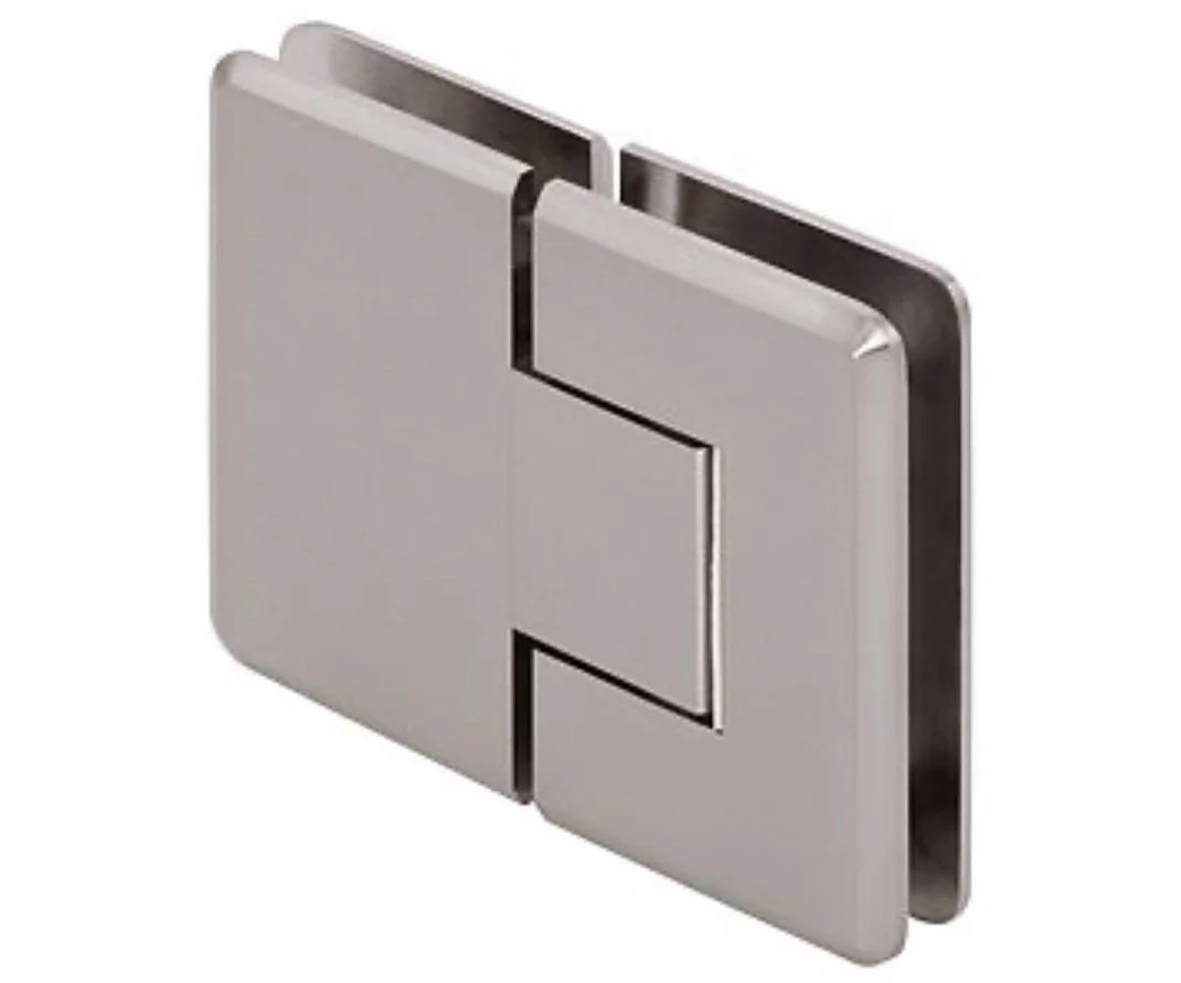 A beveled glass-to-glass hinge made of brushed nickel, shown from a slightly angled perspective on a white background. The hinge has a sleek, modern design with clean lines and rounded edges. It is designed to connect two pieces of glass, typically for shower enclosures or display cabinets.