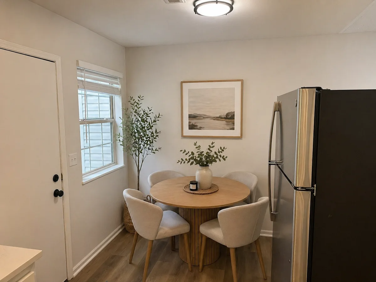 A kitchen with a table and chairs and a fridge.