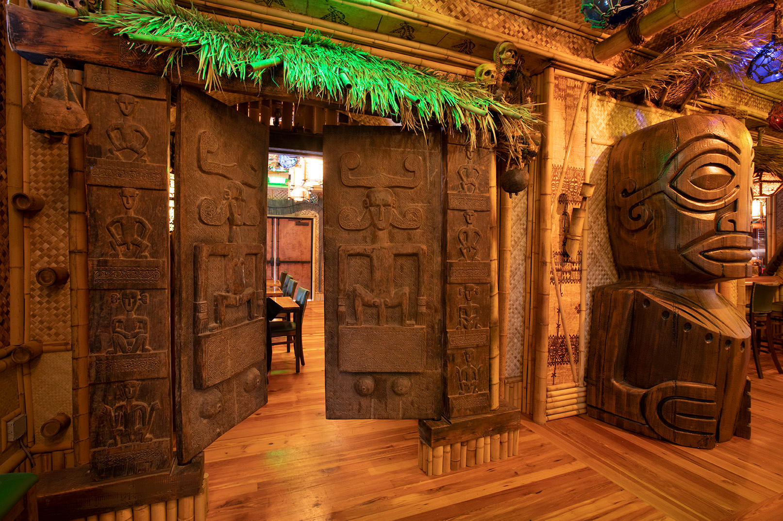 The Bamboo Room tiki bar is an immersive, exotic tropical hideaway nestled in the heart of Downtown Savannah. The design of The Bamboo Room features a collection of artifacts sourced from around the globe, personal collections, and hand-carved one of a kind items.