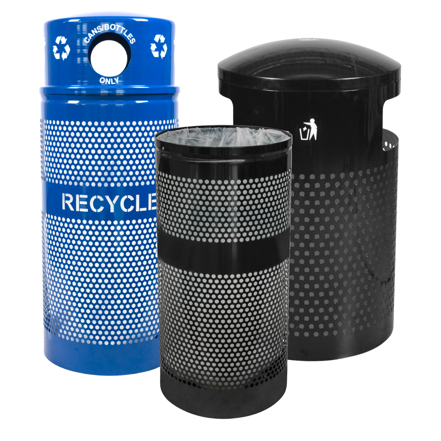 The Landscape Series features heavy-duty, perforated steel receptacles available in multiple capacities and styles, engineered for durability and custom waste stream management in outdoor or high-traffic environments.