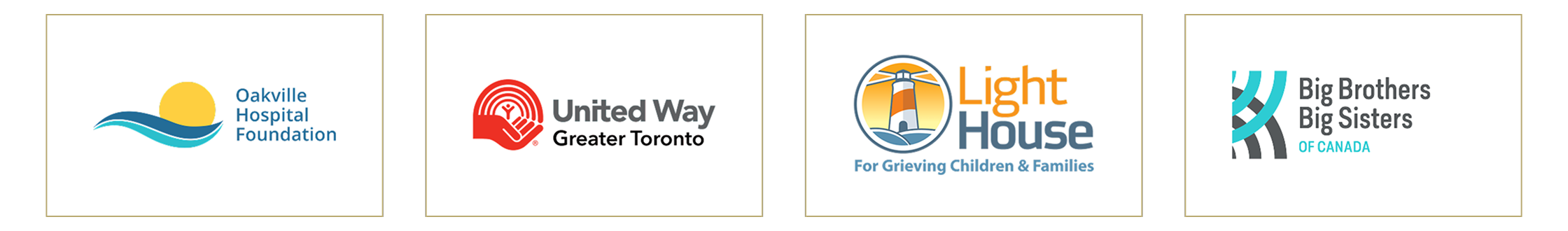 Logos of the Oakville Hospital Foundation, United Way Greater Toronto, Light House for Grieving Children & Families, and Big Brothers Big Sisters of Canada.