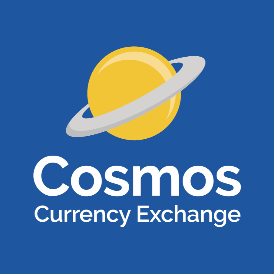 Cosmos Currency Exchange logo on blue Cosmos Currency Exchange Ltd Newquay 03001 246409