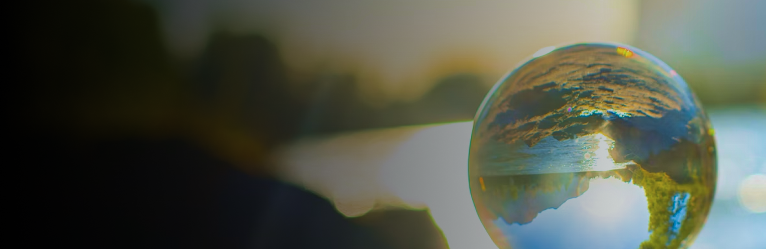 Glass orb with upside-down reflection of the world around it.