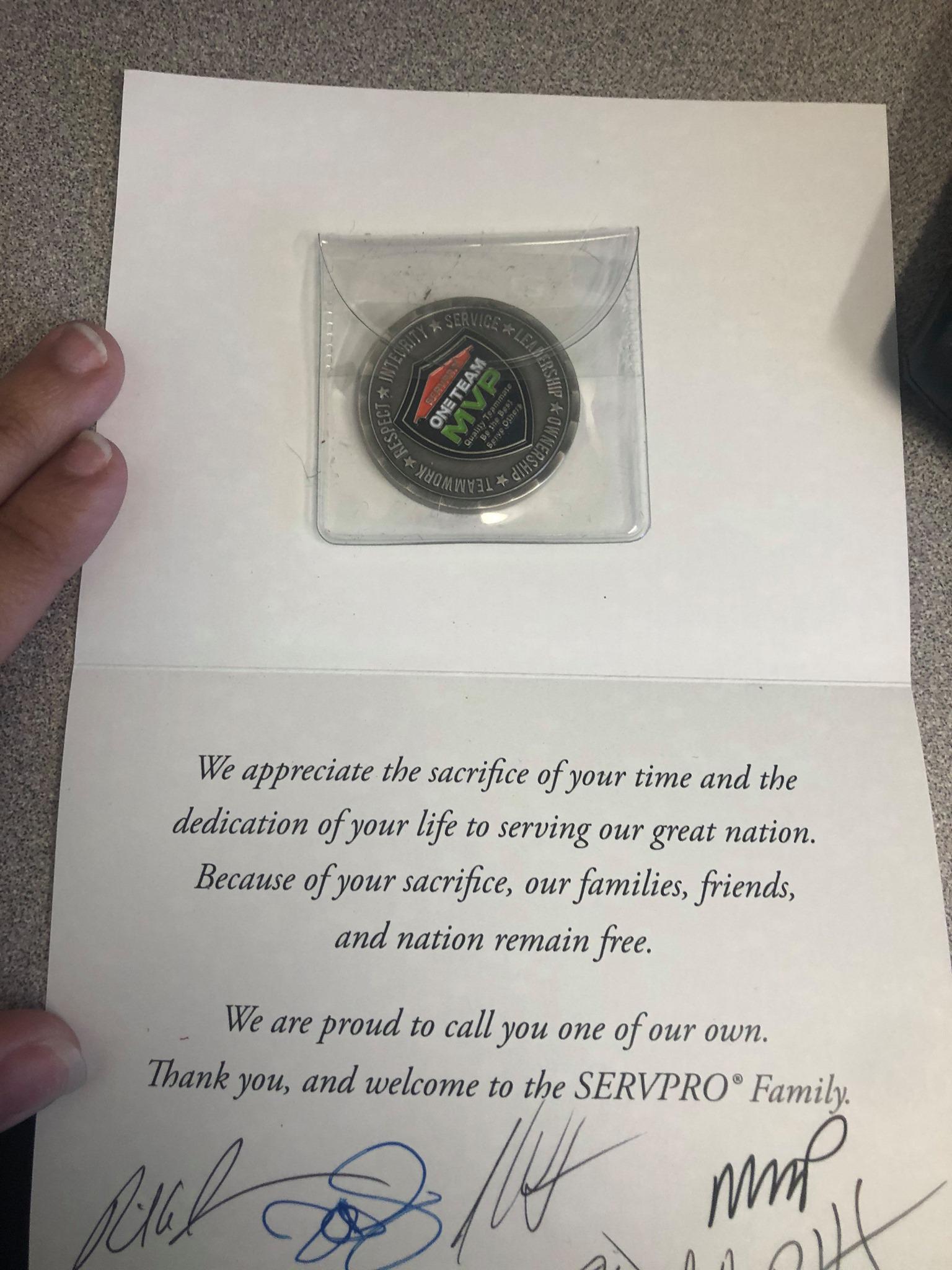 Thank you, SERVPRO Corporate for recognizing the hard work, dedication,  and time that Megan Drost's husband, Peter Drost has served our country.