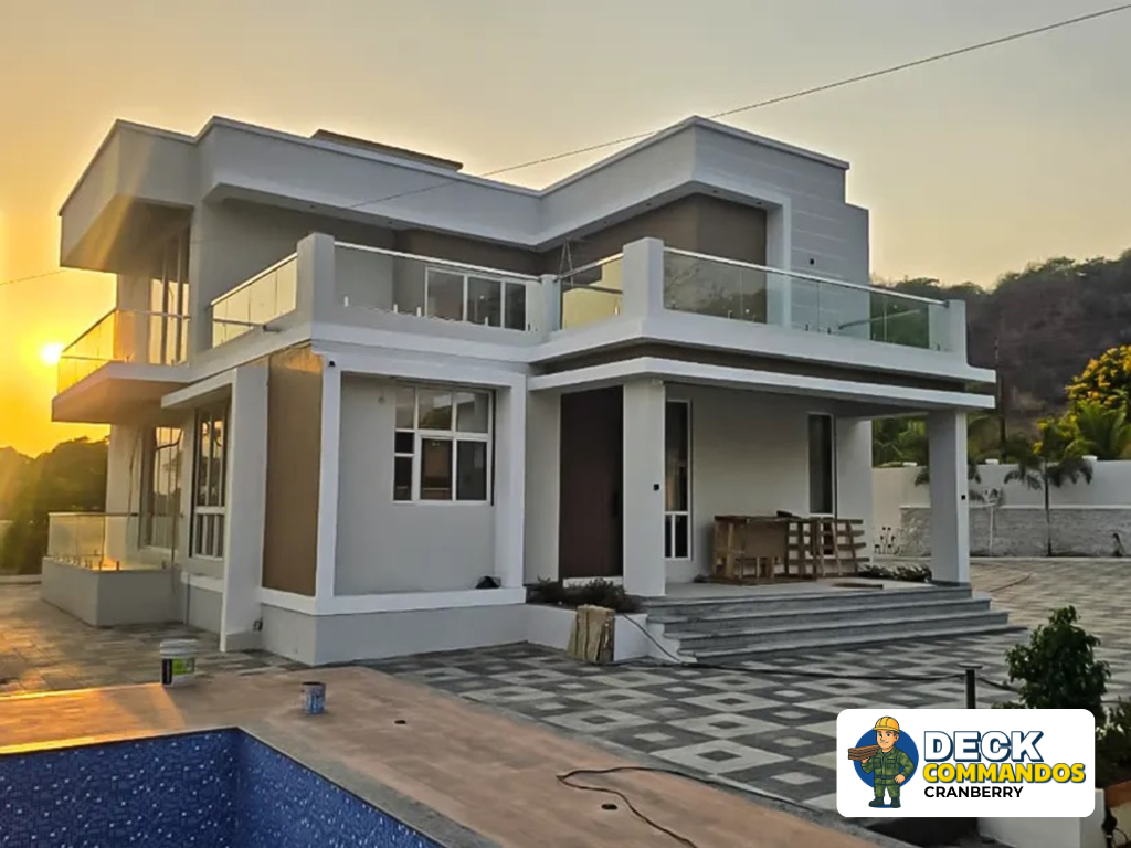 Luxury modern home featuring interlocking paver driveway and glass balcony railings.