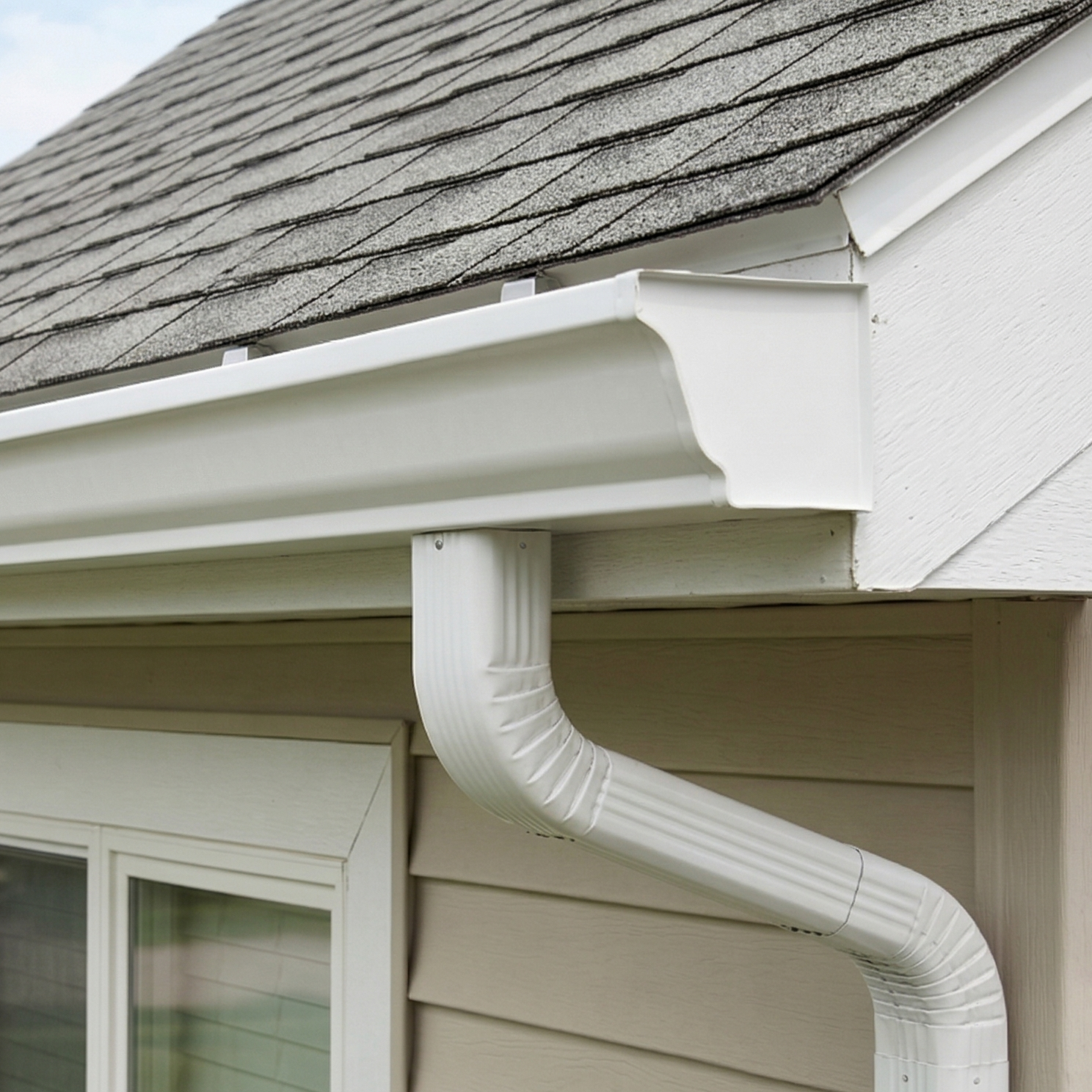 Close-up of a house roof corner, showing gray shingles and a white rain gutter with a downspout. Beige siding and a window are visible below.