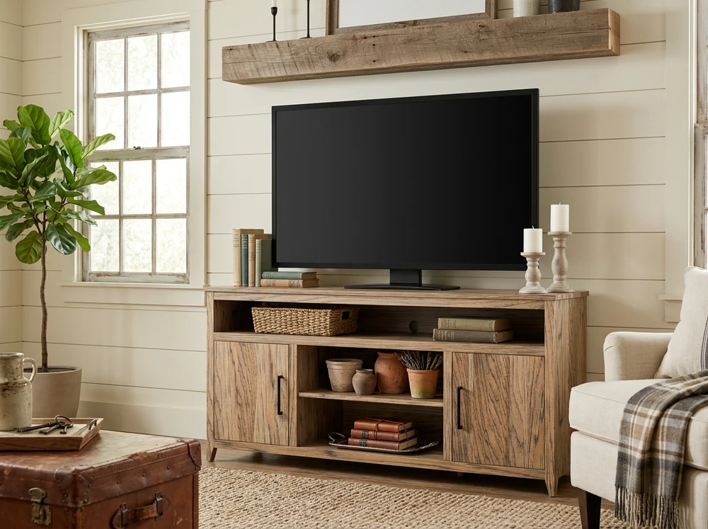 Florence Media Console by Foundry 39, a solid Maple wood TV stand with Chestnut finish, adjustable s 