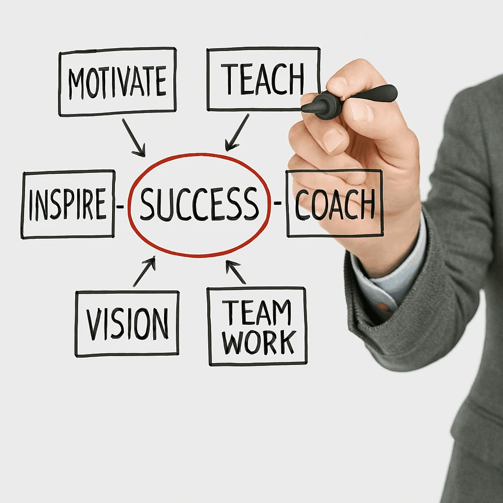 A hand in a suit jacket is writing on a whiteboard, completing a mind map about success. The mind map shows