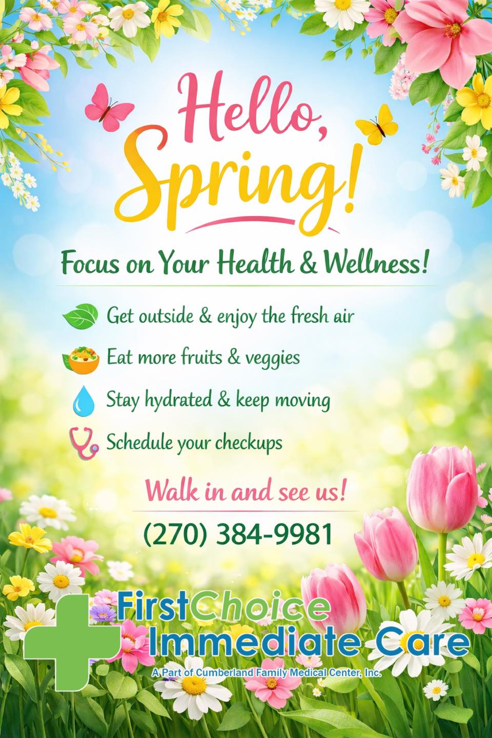 ???????? Hello, Spring! ????????

The first day of spring is here, bringing warmer weather, blooming flowers, and a fresh start! It&rsquo;s the perfect time to focus on your health and wellness.

As the seasons change, remember to:
???? Get outside and enjoy some fresh air
???? Add more fresh fruits and vegetables to your meals
???? Stay hydrated and keep moving
???? Schedule any checkups you may have been putting off

Our team is here to help you and your family stay healthy this season and beyond.

Wishing everyone a happy, healthy start to spring