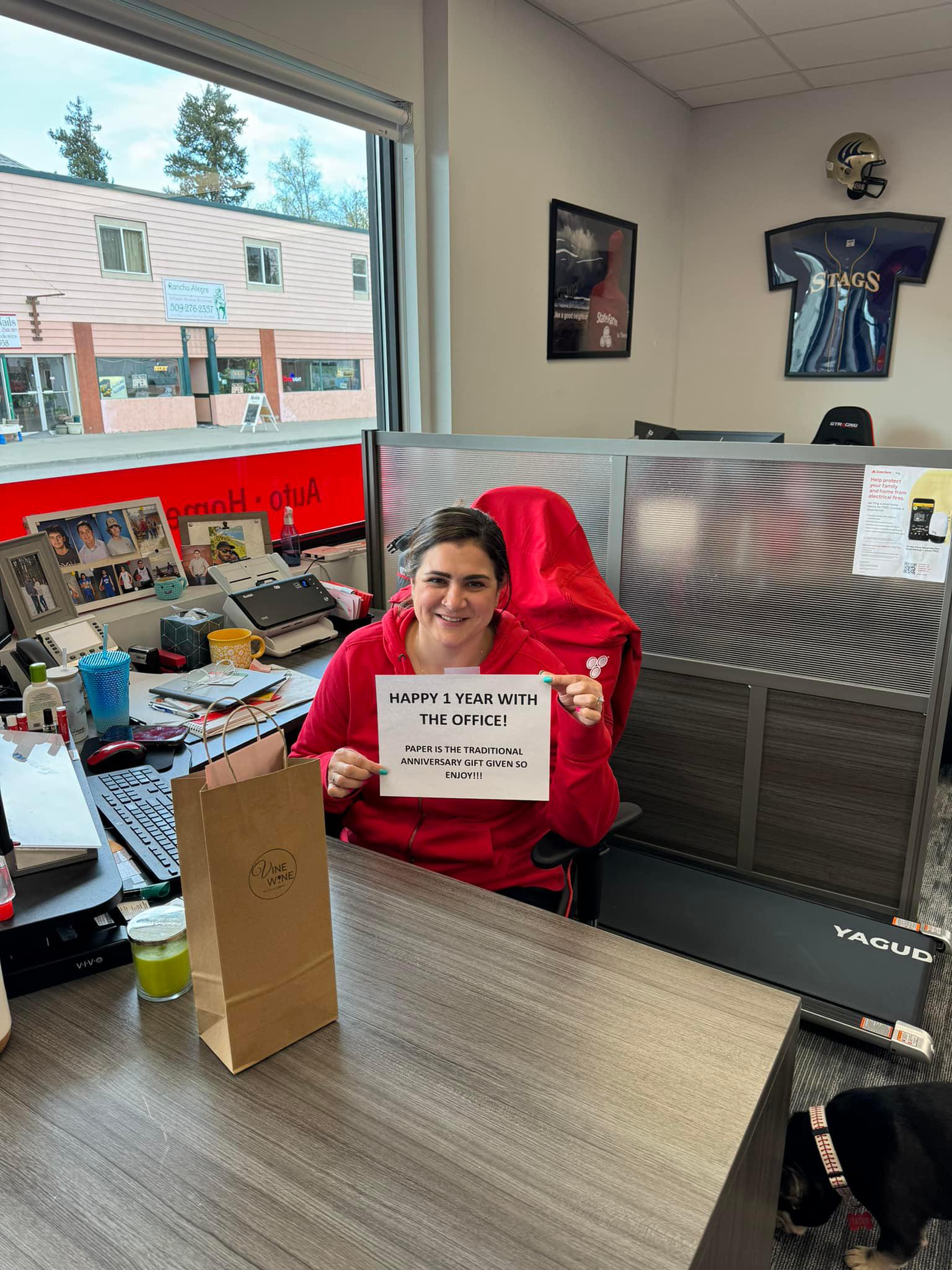 Today marks Carmen’s 1 year “Workaversary” with our office!
Thanks for all you do for our customers and the community! You are a rockstar!
P.S. Enjoy your piece of paper and a small shopping spree to your favorite place to shop (The Local) in Deer Park!
— celebrating an anniversary.