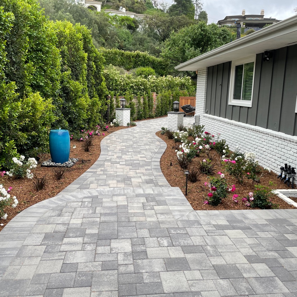 Curving gray paver walkway leads beside a modern home, bordered by blooming roses, lush hedges, a blue urn, and tranquil garden beds.