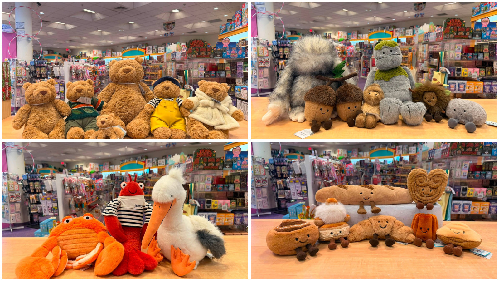 An adorable assortment of Jellycat plush toys, including cuddly bears, woodland friends, sea creatur 