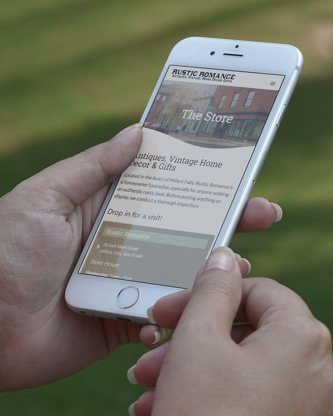 iPhone Mockup of website design for Rustic Romance Antiques
