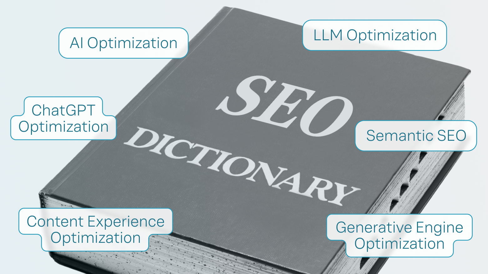 A graphic of a large gray book titled "SEO Dictionary," surrounded by floating text bubbles that include modern SEO-related terms: "AI Optimization," "ChatGPT Optimization," "LLM Optimization," "Semantic SEO," "Content Experience Optimization," and "Generative Engine Optimization." The image emphasizes the evolution of SEO vocabulary in the AI era.