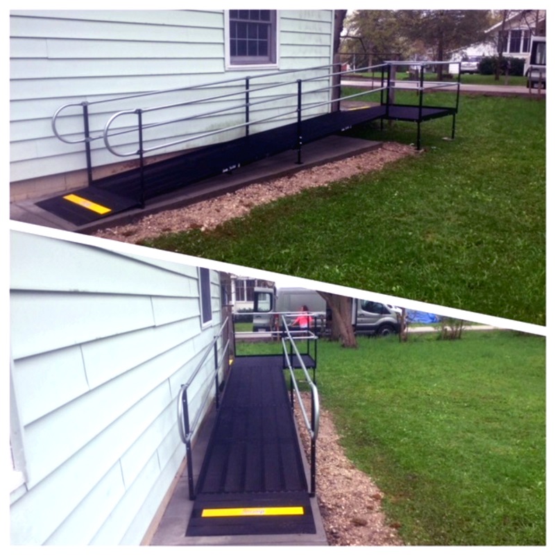 Dave McComb and his Amramp Southeastern Wisconsin team installed three wheelchair ramps for a couple of group homes in Dover, WI. It was important to the owners that the ramp not cover the porch to maximize the outdoor living space. They also required this ramp which provided a secondary access route to the home.