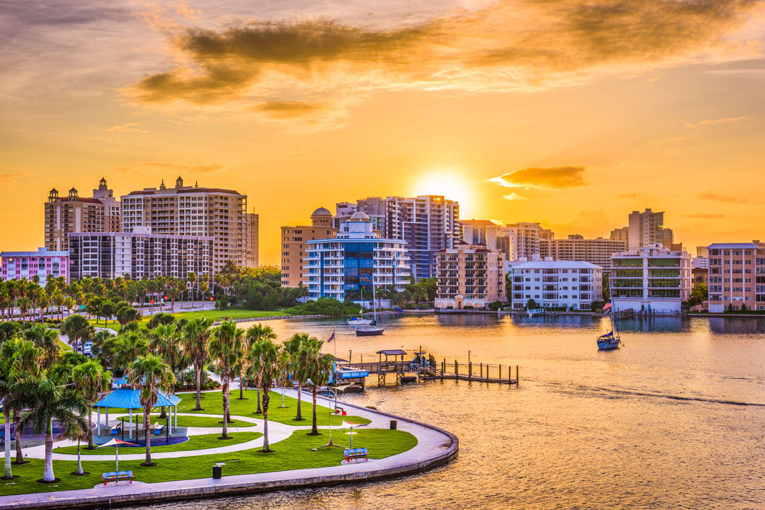 Downtown skyline on the bay at sunrise in Sarasota, Florida.