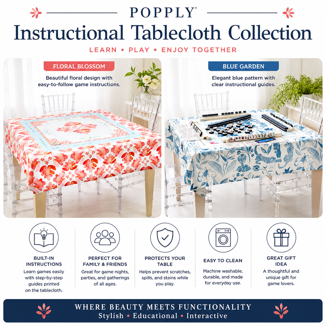 Blue patterned Popply instructional tablecloth set up for mahjong gameplay on a dining table with clear chairs.