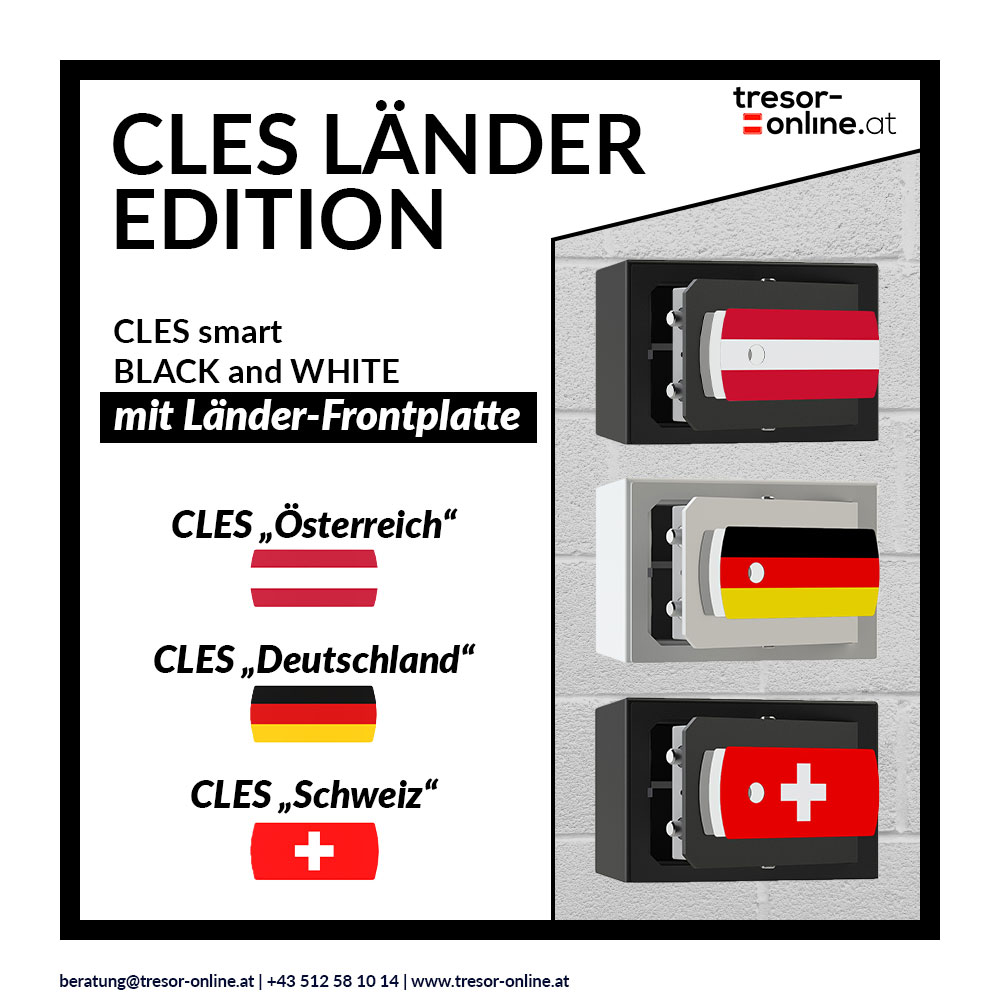 Bild zu Sichern Sie sich einen streng limitierten CLES "Länder Edition" Tresor! CLES smart BLACK oder WHITE mit Länder-Frontplatte - CLES "Österreich", CLES "Deutschland" und CLES "Schweiz" ab sofort erhältlich in unserem Shop! 